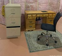 Desk, filing cabinet, chair, rug overall view