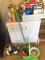 Overall lot showing mop bucket, mop handle, dustpan, cleaners on and around freezer