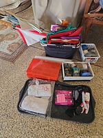 Group shot of all items including crate with umbrellas and bags, boot tray with gloves and boxes