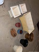 Overhead view of all planters and wooden dish showing quantity and condition