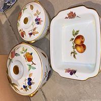 Top view of rectangular Evesham dish alongside other pattern pieces