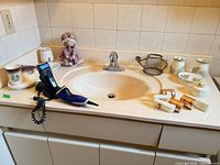 Overview of sink counter showing electric shavers, ceramics, plush mouse, night lights