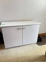 Front view of white laminate two-door cabinet with metal knobs