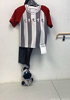 Full view of T-shirt, pants hanging below, zebra plush at base