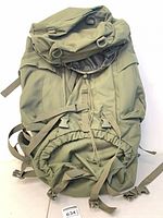 Front view of olive-green 65-L hiking backpack showing top lid, main compartment, straps and pockets