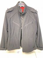 Front view of dark grey Alfani coat showing overall style and pockets