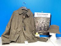 Front view of Britches jacket, Duck Dynasty tote, bucket hat
