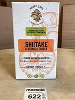 Front of boxed shiitake mushroom grow kit showing branding and contents claim