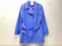 Front view of violet Guillaume spring jacket with belt and button closure, tag visible
