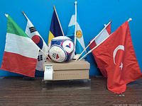 Front view of soccer ball surrounded by five national flags