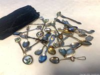 Group of souvenir spoons with velvet pouch overview