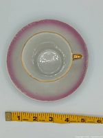 Top view of saucer with cup, shows pink rim and size reference