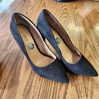 Front three-quarter view of both pumps showing pointed toes and suede texture