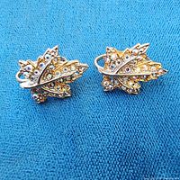 Front view of both leaf clip-on earrings showing rhinestone detail