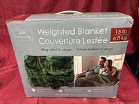 Front of retail box showing brand, weight, material details and blanket image