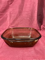 Overall view of amber glass baking dish