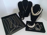 All eleven silver-tone necklaces arranged on trays and stands
