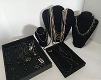 Overview of all necklaces in trays and on busts