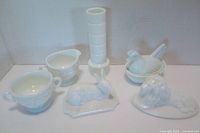 Group shot of all six milk glass items