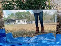 Front view of rectangular silver-framed mirror reflecting outdoor scene