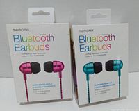 Front view of two boxed Memorex Bluetooth Earbuds showing colors and branding