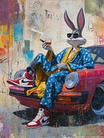 Full view of the artwork showing rabbit character on car