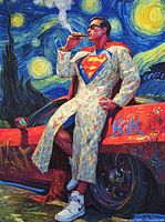 Full artwork close-up showing figure, car and starry sky