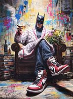 Full artwork showing entire composition of Batman in armchair with colourful background