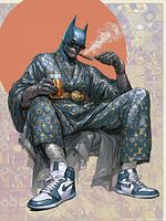 Full view of artwork showing figure in patterned robe, cigar and drink