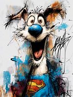 Close view of artwork highlighting canine character and colors