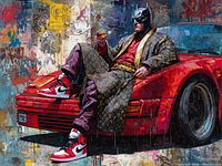 Full view of artwork showing masked vigilante on red sports car