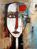 Full view of the abstract portrait artwork showing colors and composition