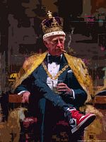 Close view of artwork image showing king figure, colours, and metallic gloss