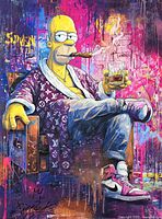 Full view of artwork showing Homer Simpson in chair with cigar and drink, vibrant background