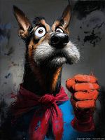 Close view of artwork showing canine portrait details