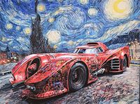 Full view of artwork showing red sports car under swirling night sky