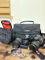 Full kit showing camera body, two lenses, charger, filters, caps, Canon shoulder bag, accessory bag
