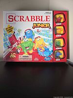 Front of Scrabble Junior box showing graphics and branding