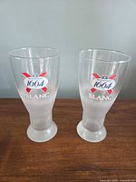 Front view of both beer glasses showing logos and frosted bases