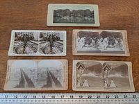 Overview of all five stereoview cards with ruler for scale