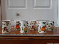 Six Roy Kirkham Autumn Fruits mugs lined together