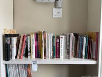 Whole shelf view with cookbooks and magazines