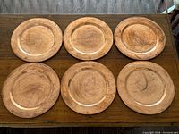 All six copper charger plates arranged on table