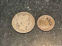 Obverse view of 1900 Barber Quarter and 1876 Seated Liberty Dime
