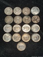 Front (reverse) view of all 17 coins showing bobcat, caribou, and wreath designs