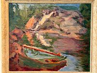 Full framed painting showing landscape scene with canoe and rocks