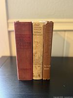 Three books standing upright showing spines