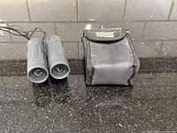 Binoculars and case front view on countertop
