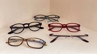 All five pairs of reading glasses displayed together