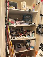 Full view of closet shelves showing majority of lot items